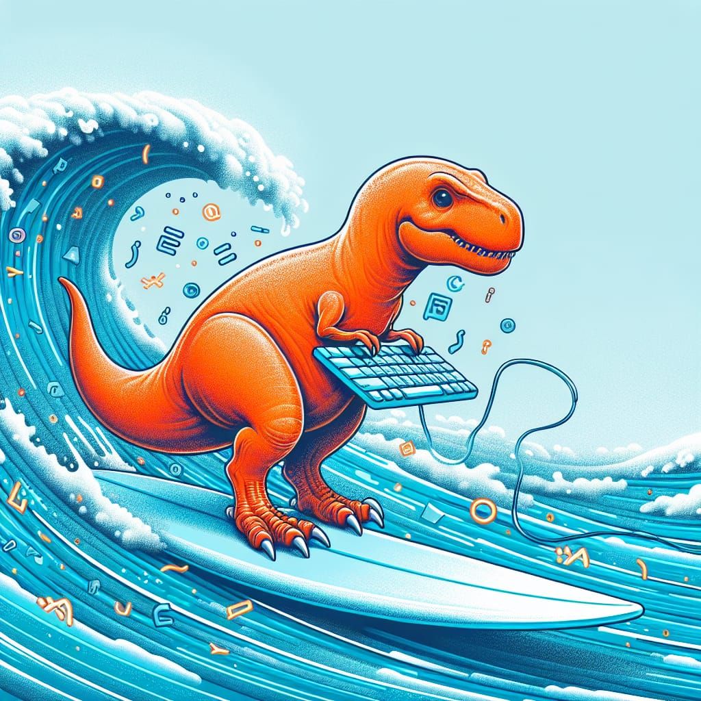 Orange T-Rex Surfing the Digital Internet Waves