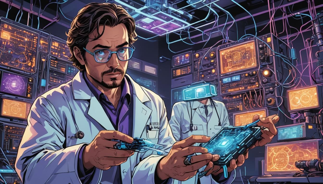 Scientist Holding Quantum Computer in Comic Book Style