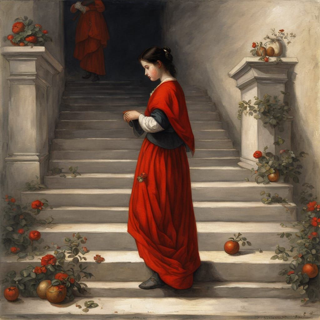 Medieval Girl Descends White Stairs Amidst Cityscape