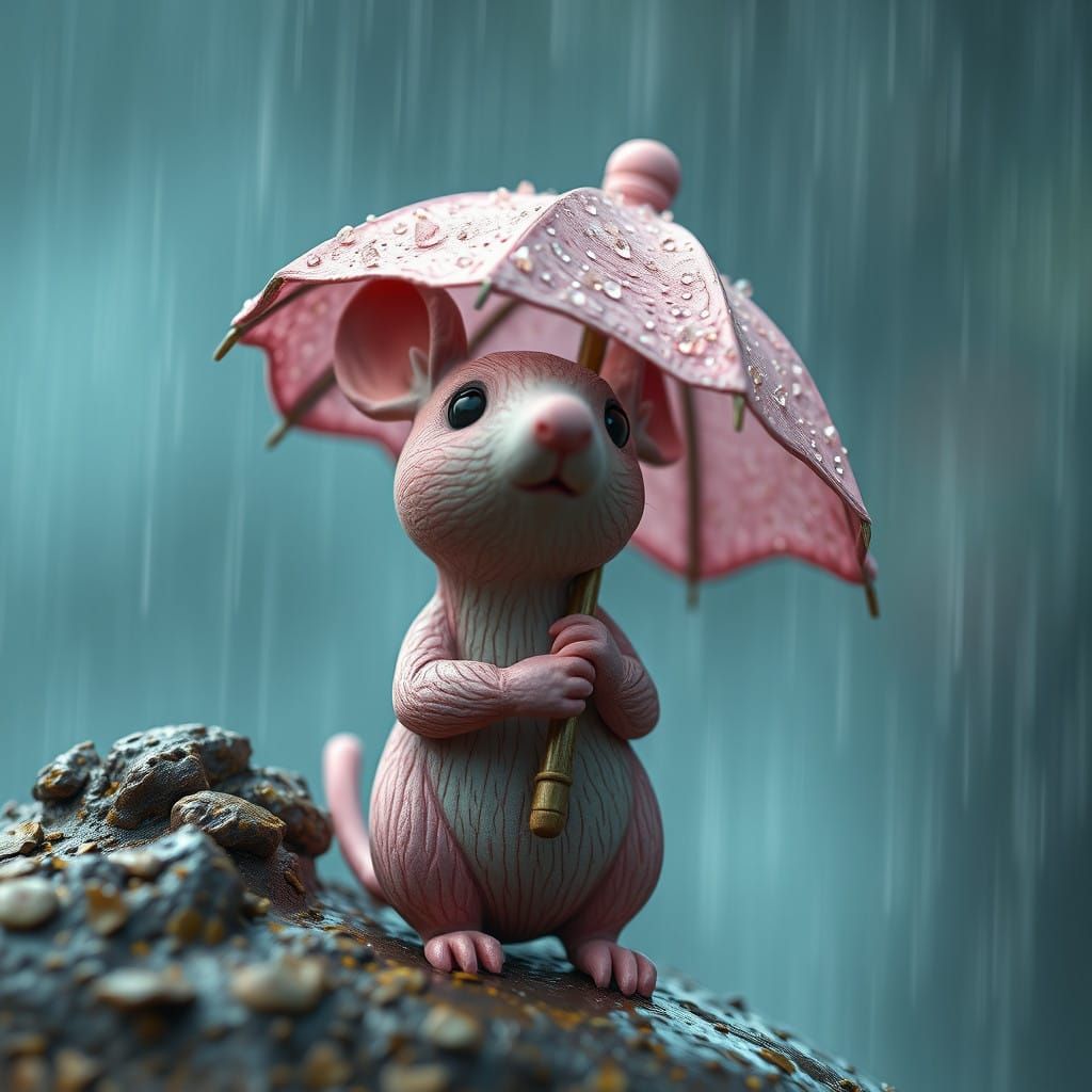Whimsical Clay Rodent Under a Rainy Umbrella