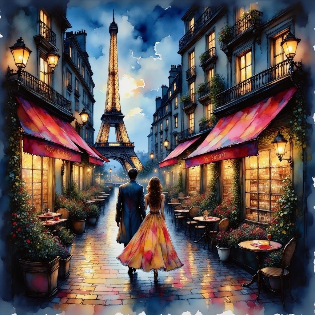 Paris Night Scene with Eiffel Tower in Impressionist Style