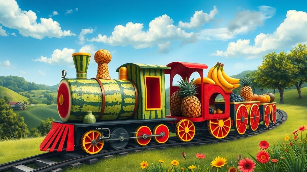 Vibrant Fruit Train Chugs Through a Lush Orchard in Whimsica...