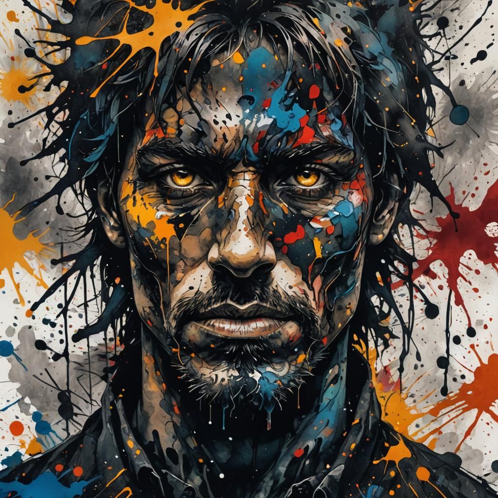 Ink Splatter Portrait: Mysterious Face in Abstract Expressio...