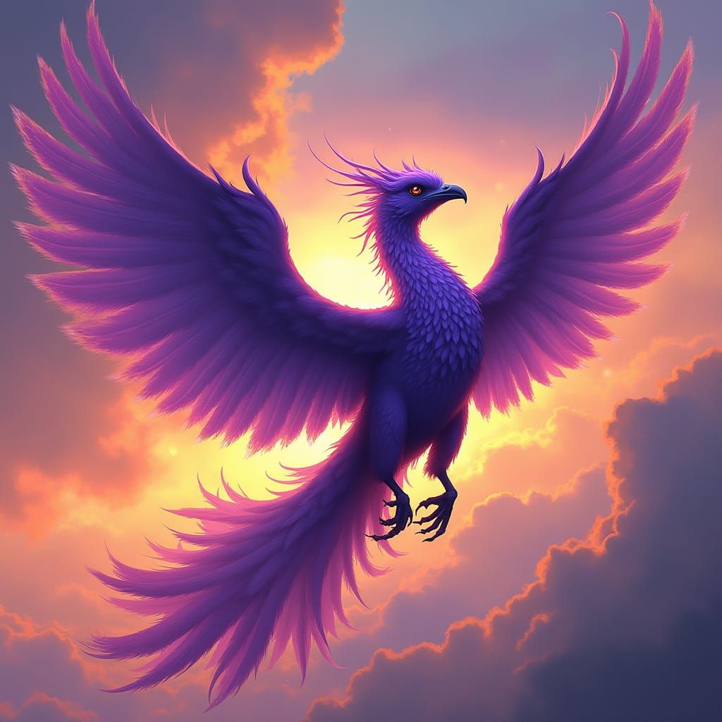 Majestic Purple Phoenix Soaring Through Fiery Sky