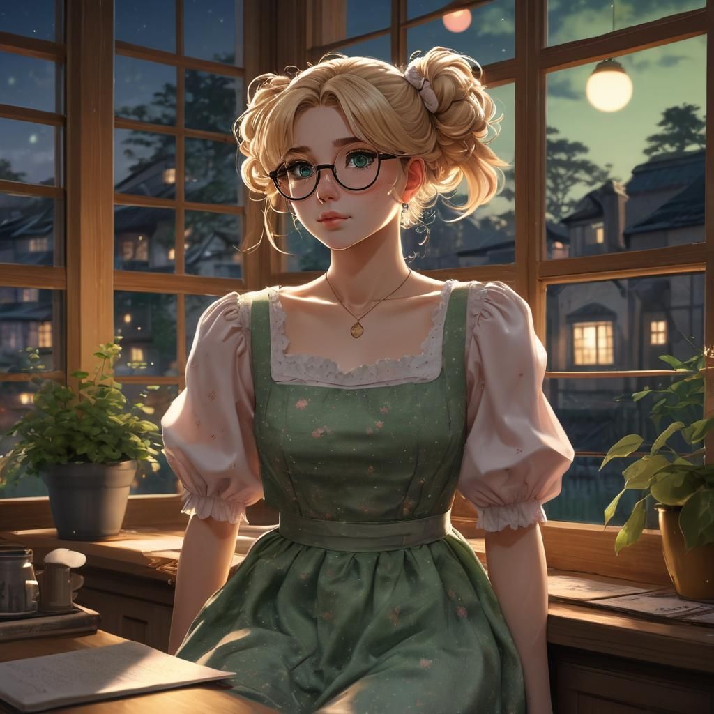 Anime Girl with Glasses in Cottage Window