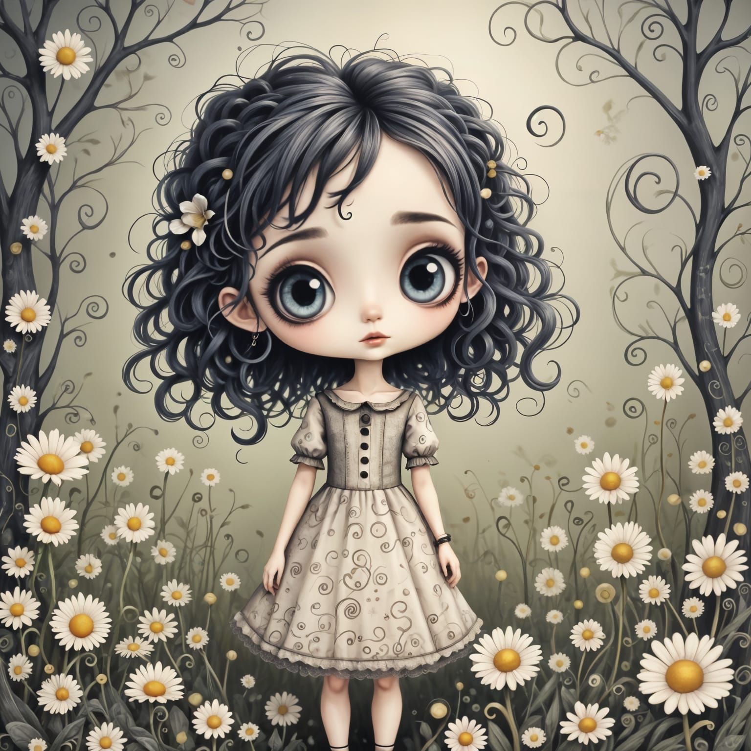 Girl in Daisy Field, Impressionistic Pastel Art