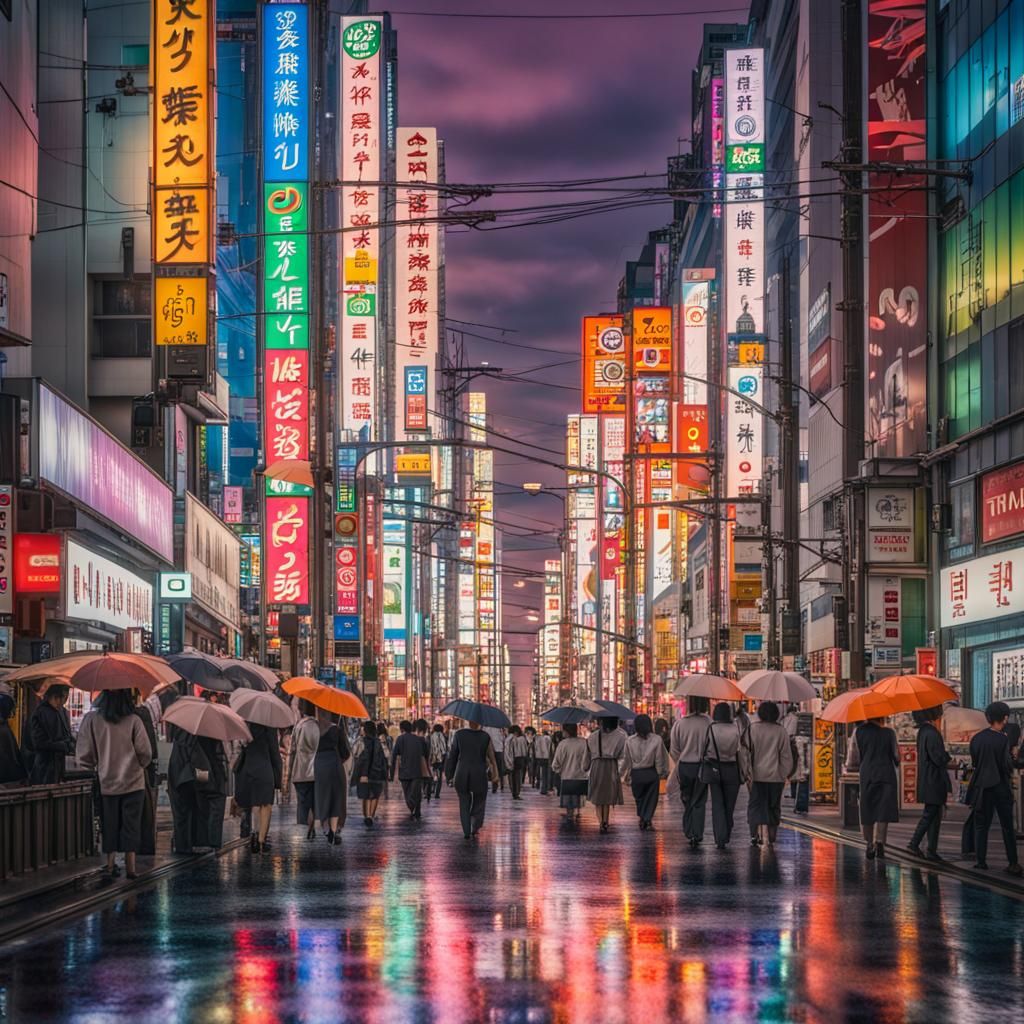 Tokyo Street at Dusk: Photorealistic Neon Reflections