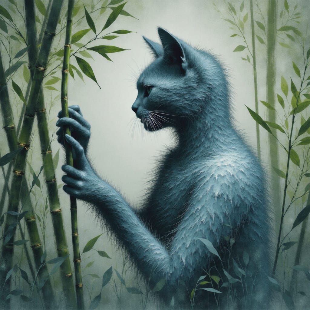 Silky Blue Cat Amused in Bamboo Forest