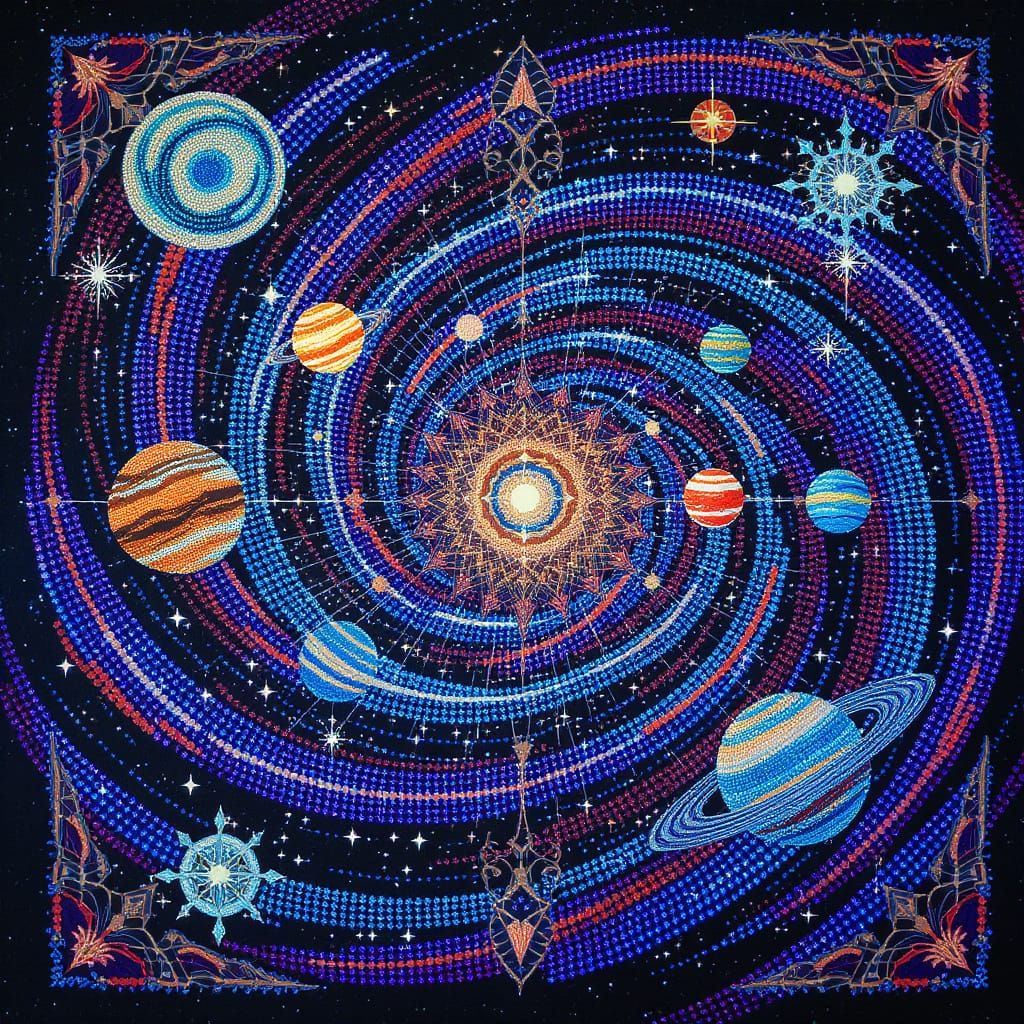 Beaded Solar System Artwork with Holographic Background