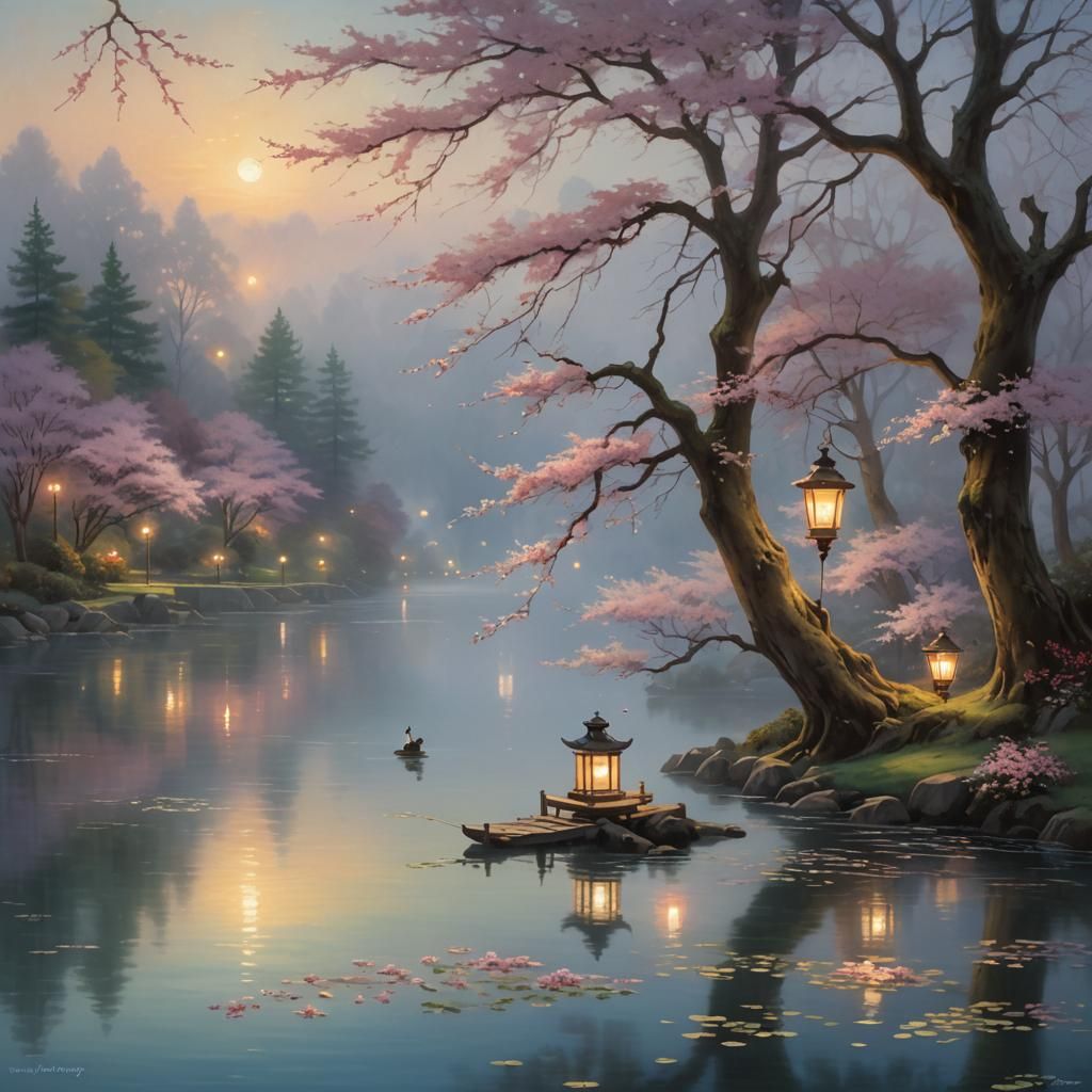 Lanterns and Cherry Blossoms on Misty Lake