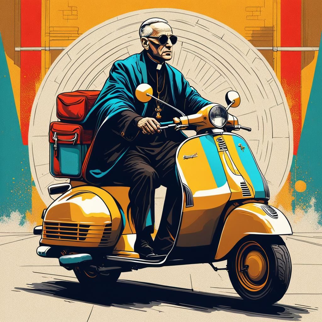 Priest on Vespa in Pop Art Style