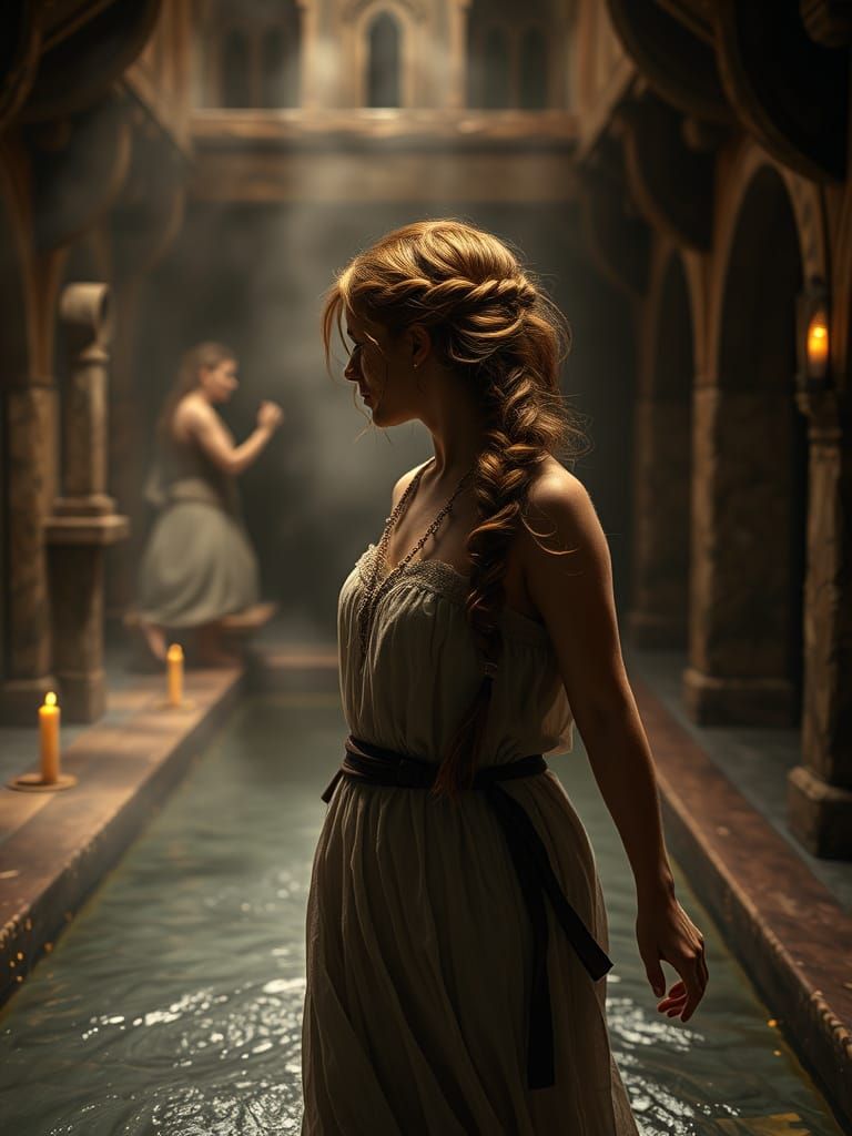 Medieval Maiden Strolls Through Mystical Bathhouse in Dark F...
