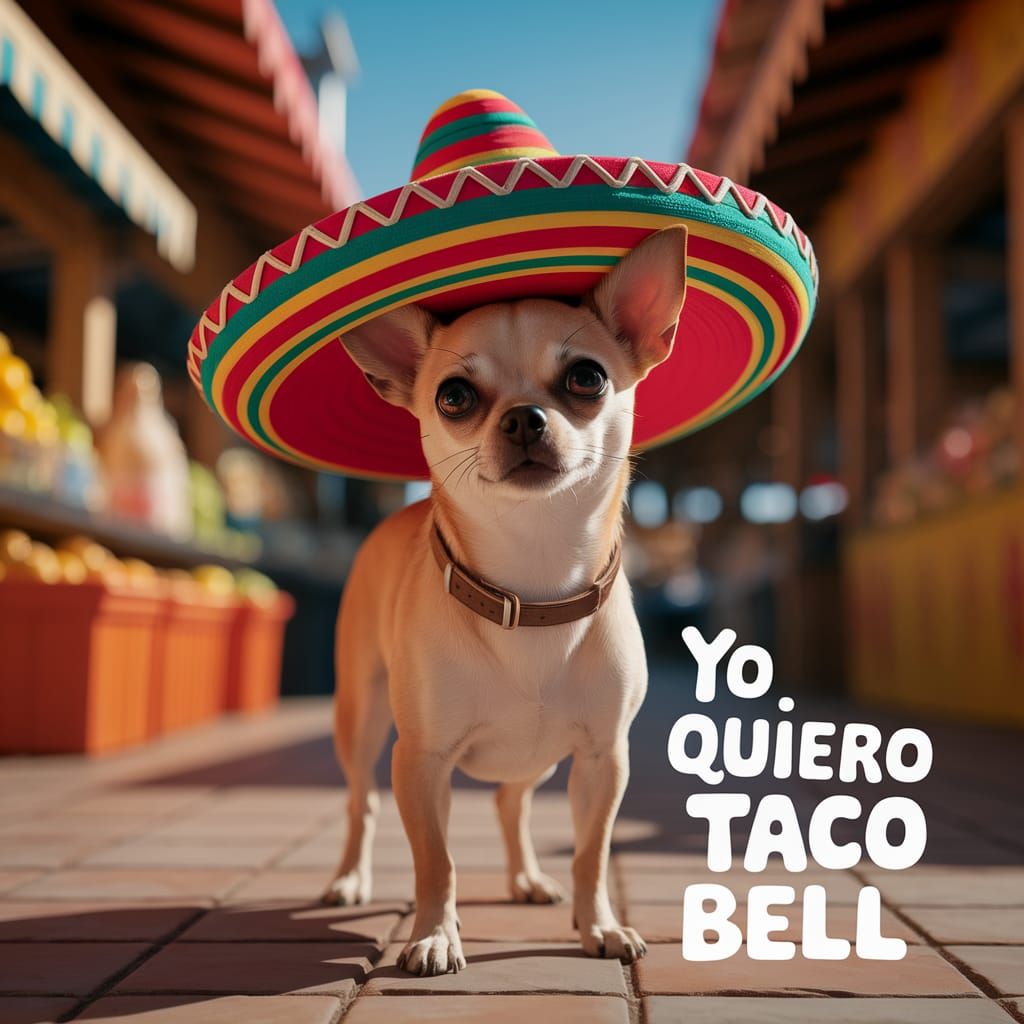 Chihuahua in Sombrero with Taco Bell Slogan