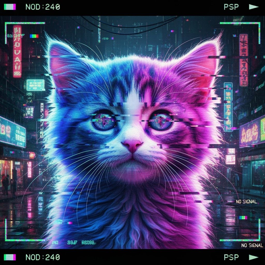Glitched Kitten Portrait in Cyberpunk Style