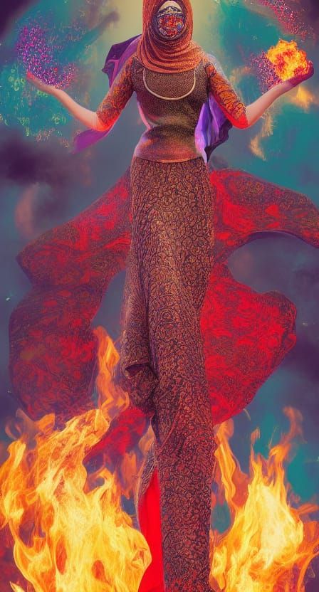 Woman Burning Hijab: Maximalist Post-Apocalyptic Art
