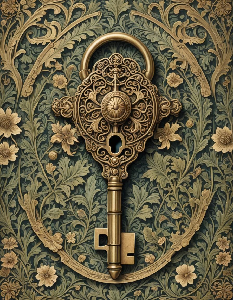 Ornate Brass Key and Lock in William Morris Style