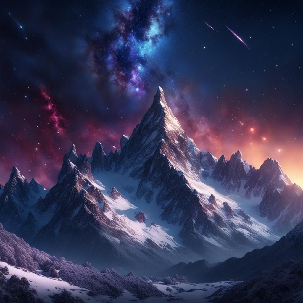 Snowy Mountains Against Galaxy Sky in Matte Painting Style