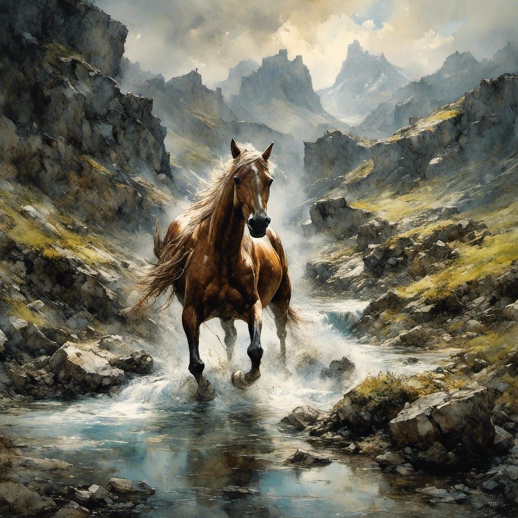 Horse Runs in Mountain Stream: Digital Matte Painting