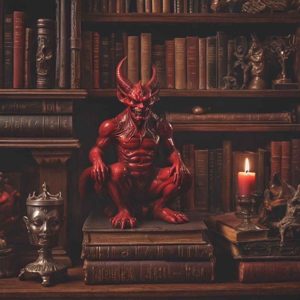 A photorealistic hyperrealistic image of an enameled glass red devil setting on a bookshelf surrounded by ancient evil b...