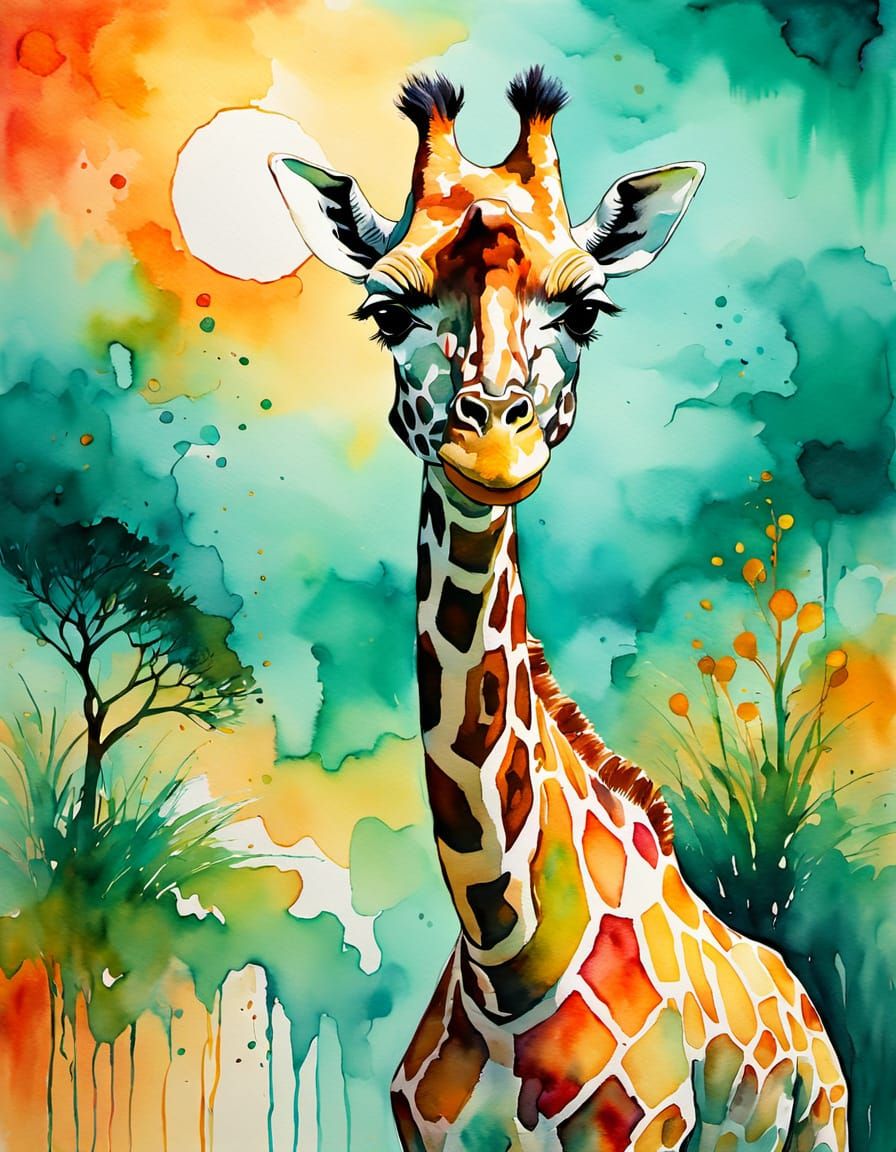 Watercolor Giraffe in Savanna with Abstract Expressionist St...