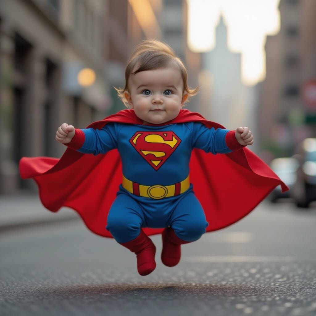 Hyperrealistic Superhero Baby Floating in Moody Cinematic Li...