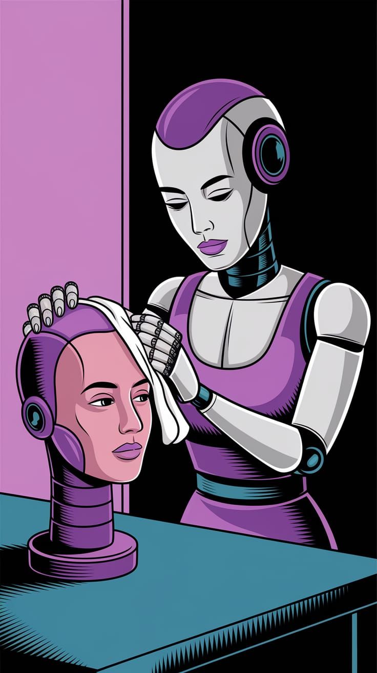 Robot Lady Comfortably Polishing Detached Head