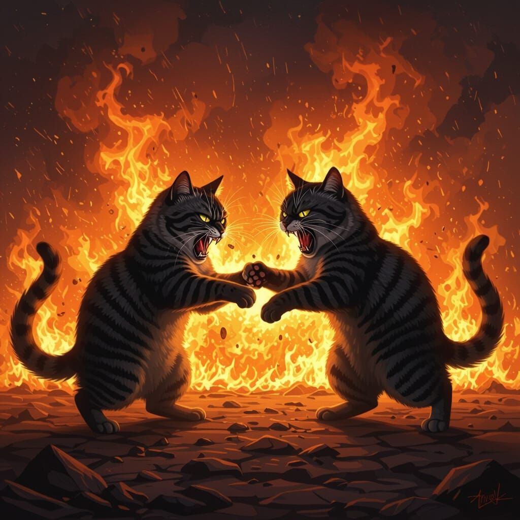 Two Angry Cats Fight in Blazing Inferno