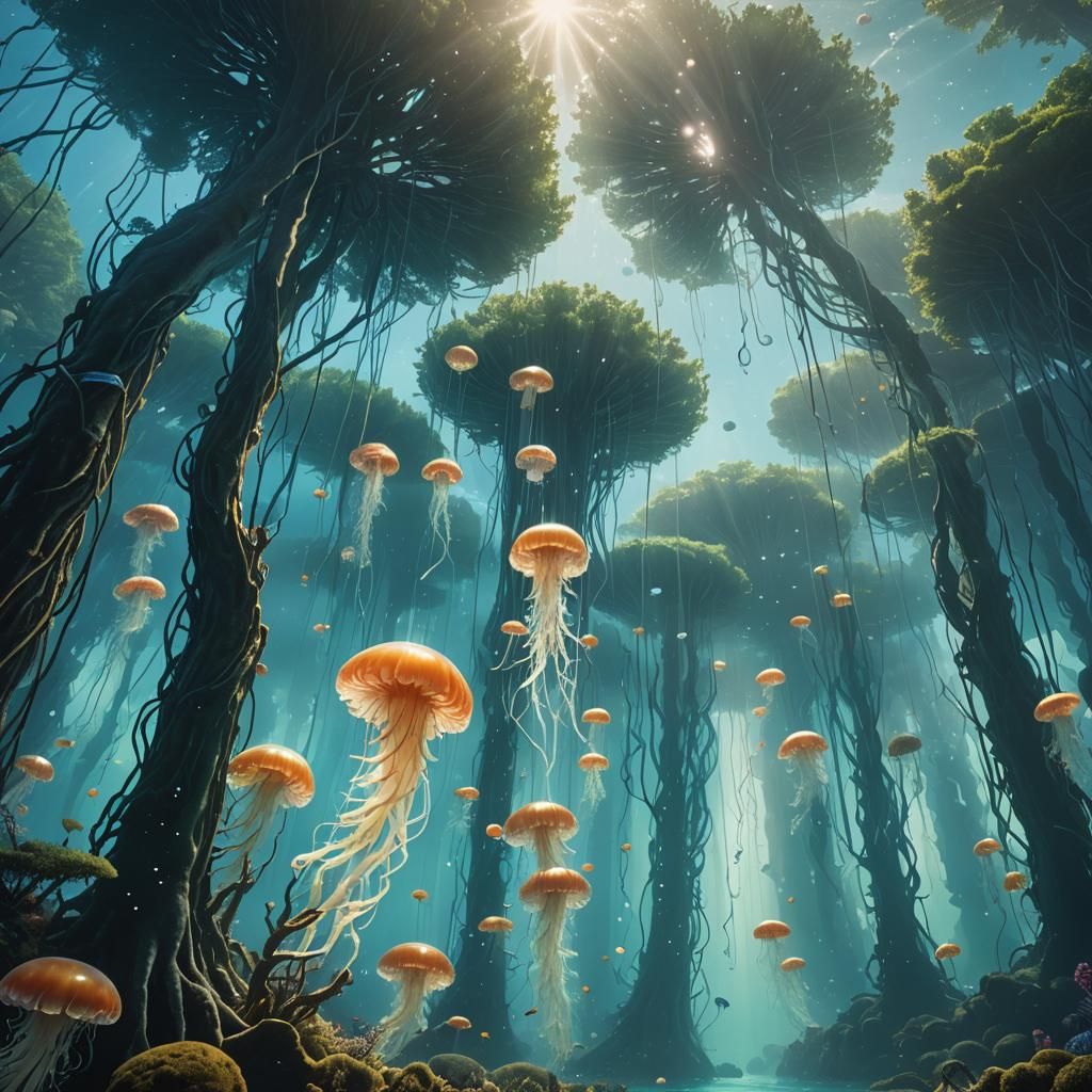 Underwater Pine Forest with Jellyfish: Digital Matte Paintin...