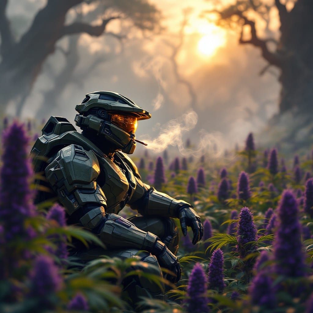 Master Chief in a Cannabis Field, Alphonse Mucha-Inspired Ar...