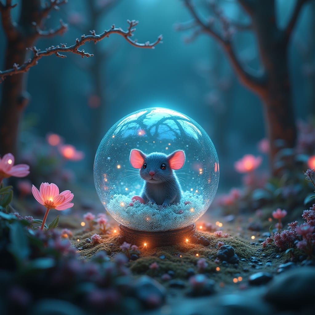 Cosmic Chibi Mouse Trapped in Vibrant 4D Labyrinth