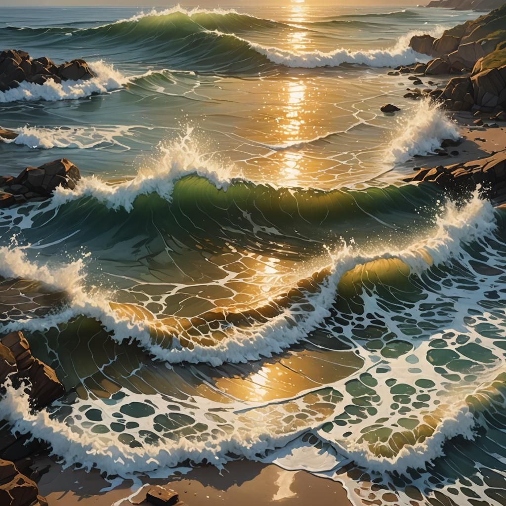 Hyperrealistic Sunrise Over Bay with Splash Art