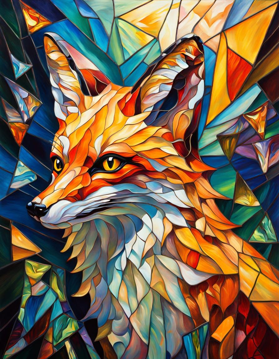 Shattered Stained-Glass Fox in Surrealist Oil Painting
