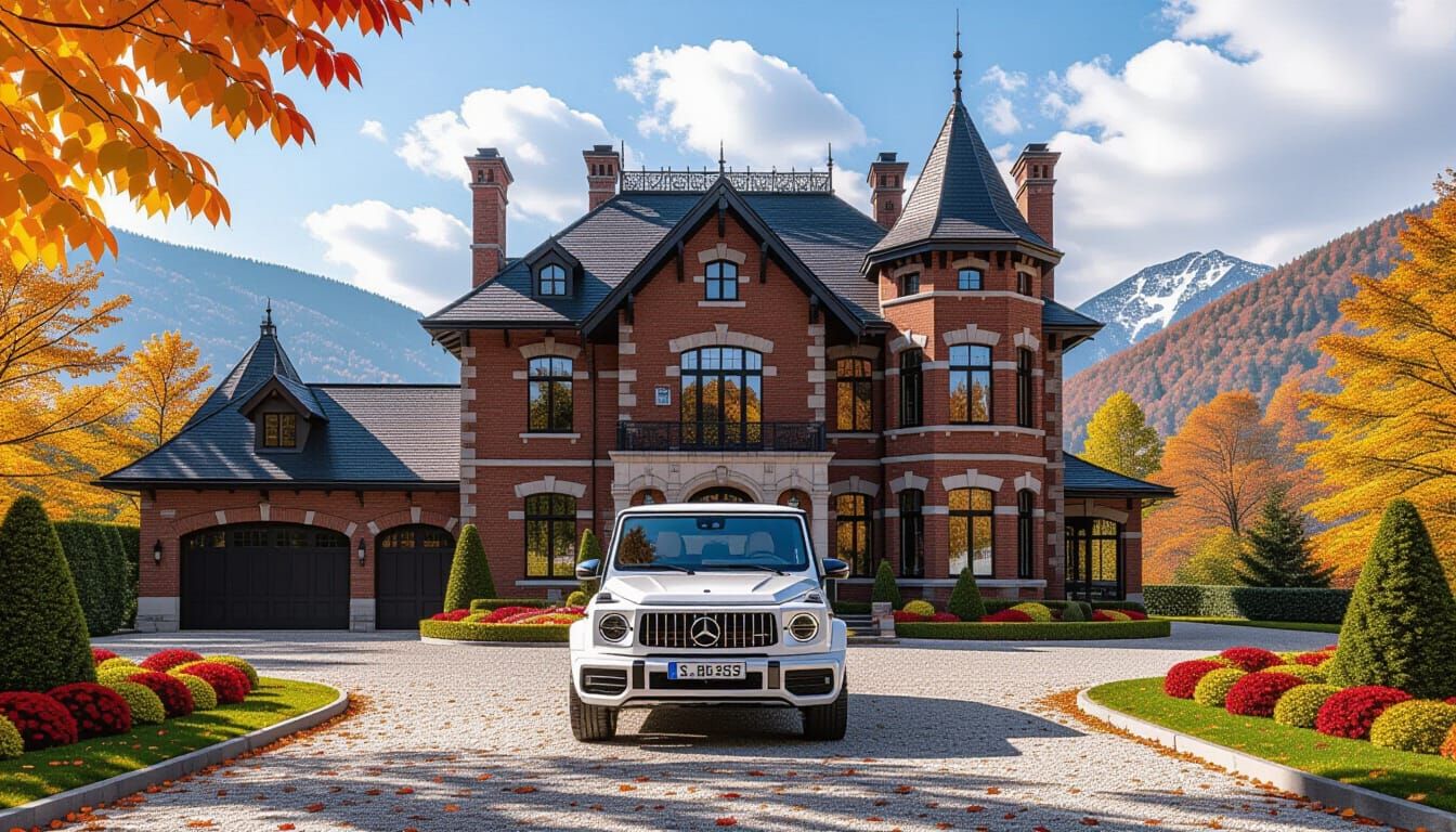 Victorian Chateau with Mercedes AMG in Autumn Landscape
