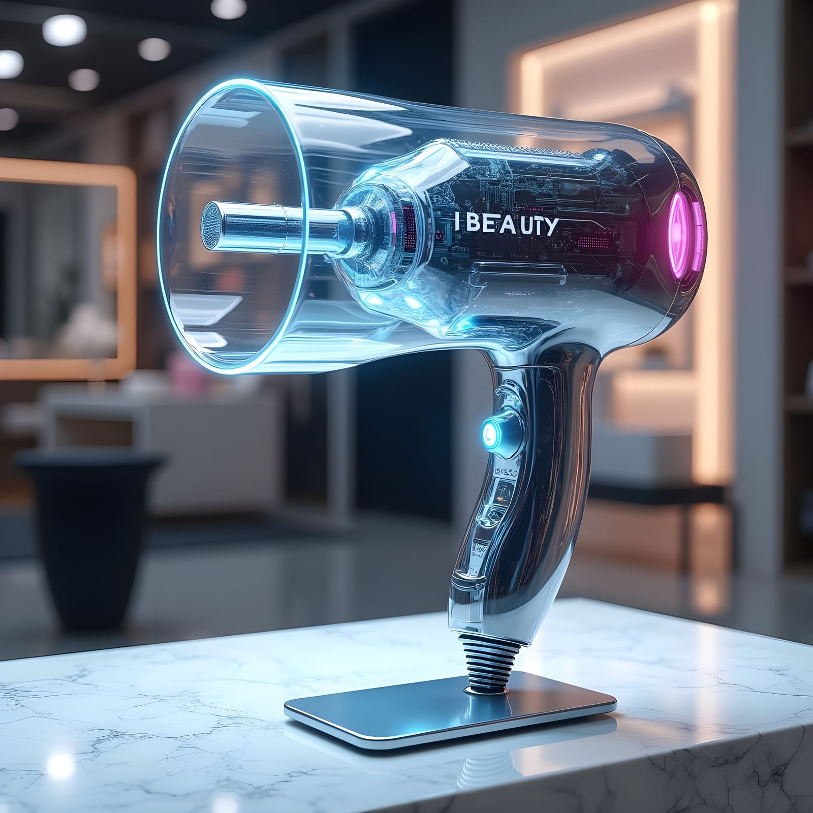 Futuristic Hair Dryer in Transparent Design with Glowing Log...