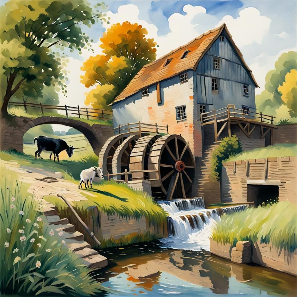 Gouache Painting: Watermill in English Landscape