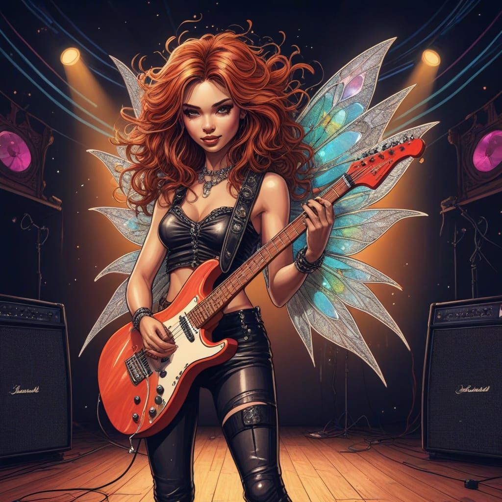 Electric Fairy Rockstar in Whimsical Stage Setting