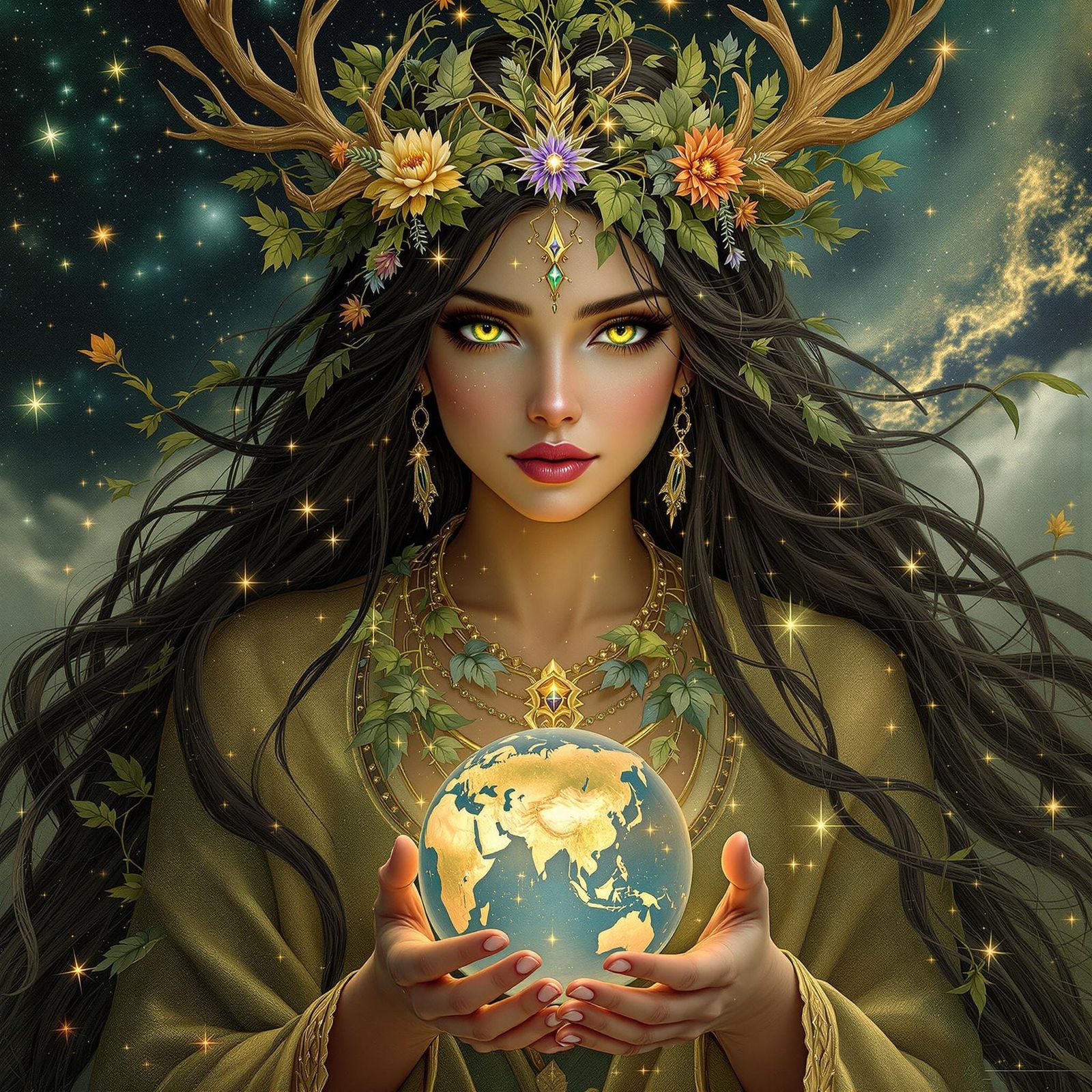 Mother Earth Goddess with Radiant Skin and Flowing Hair