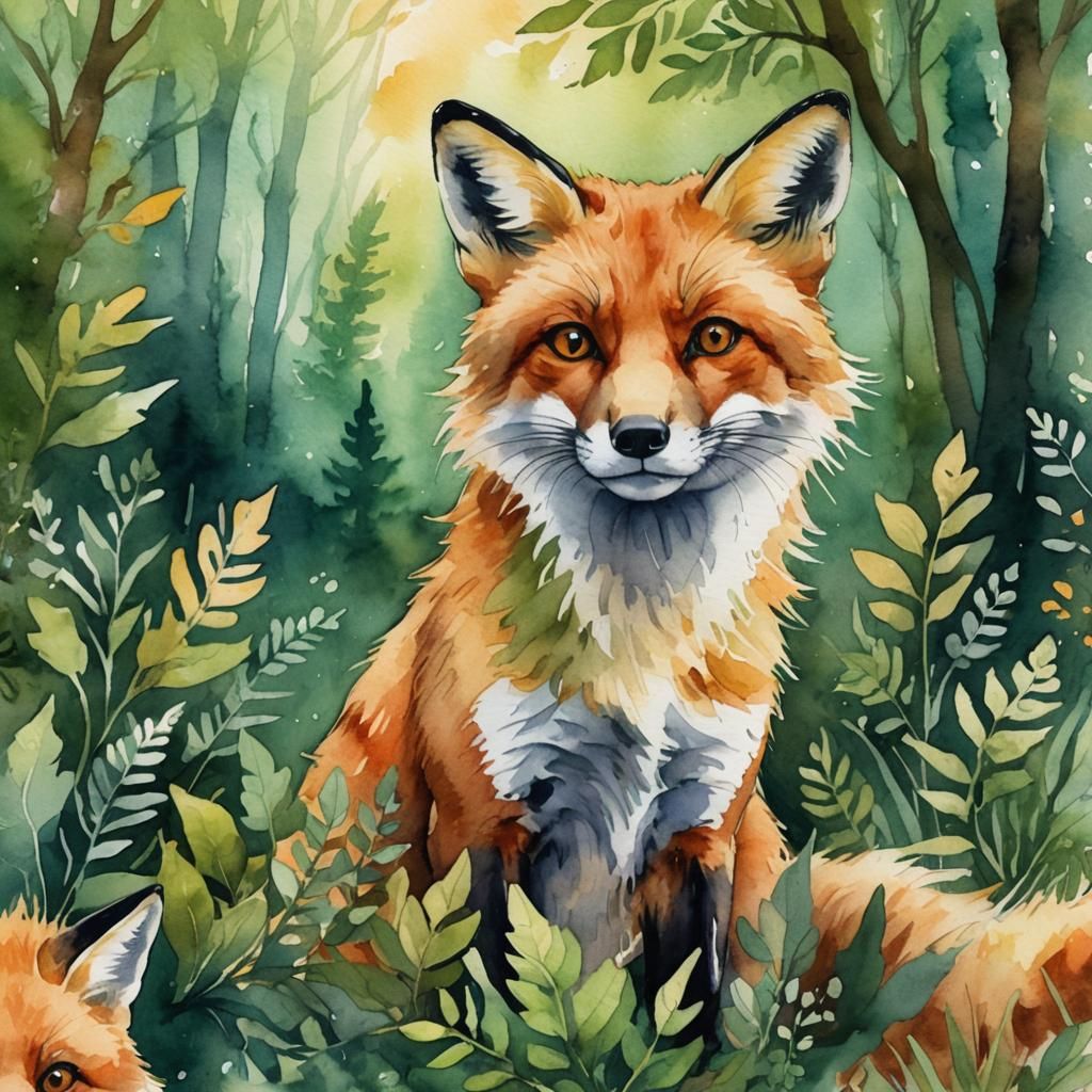 Whimsical Watercolour Fox Portrait in Forest