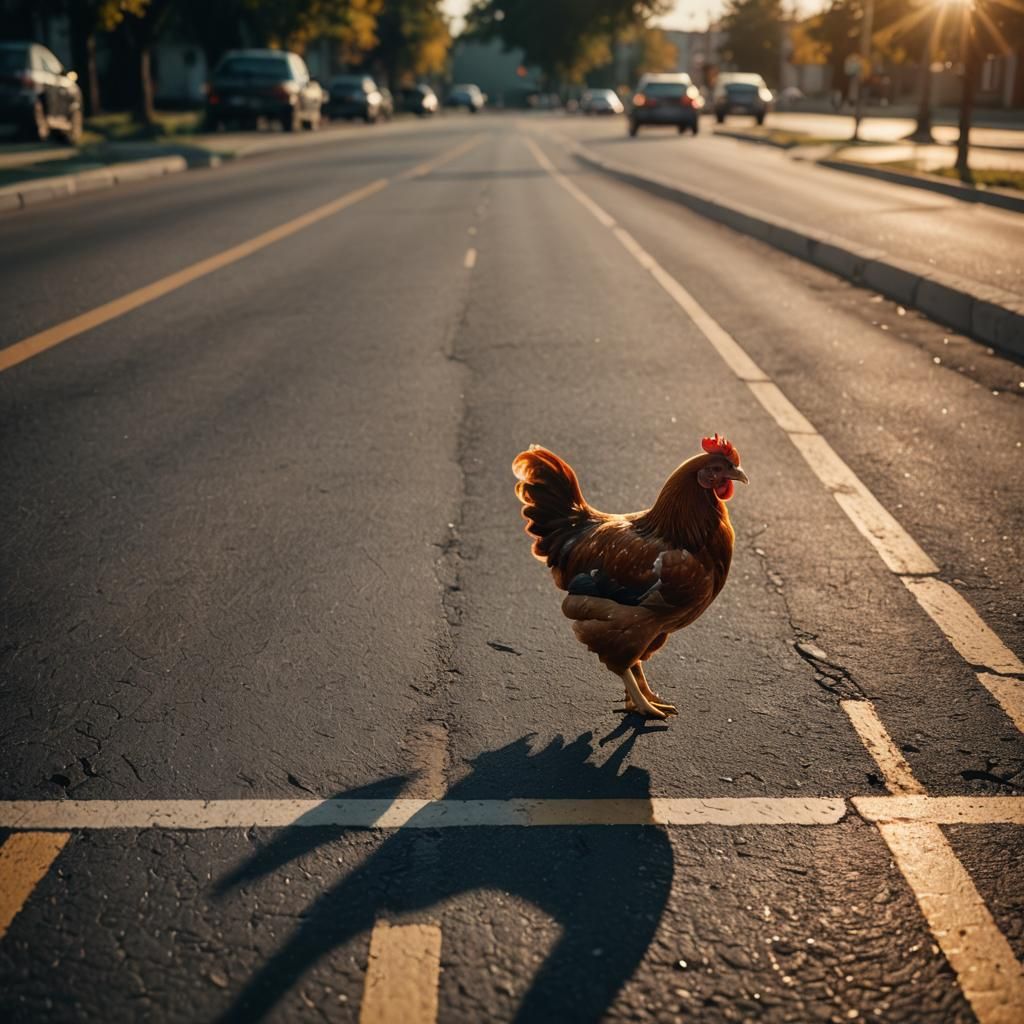 Chicken Crossing Road: Cinematic Golden Hour Scene