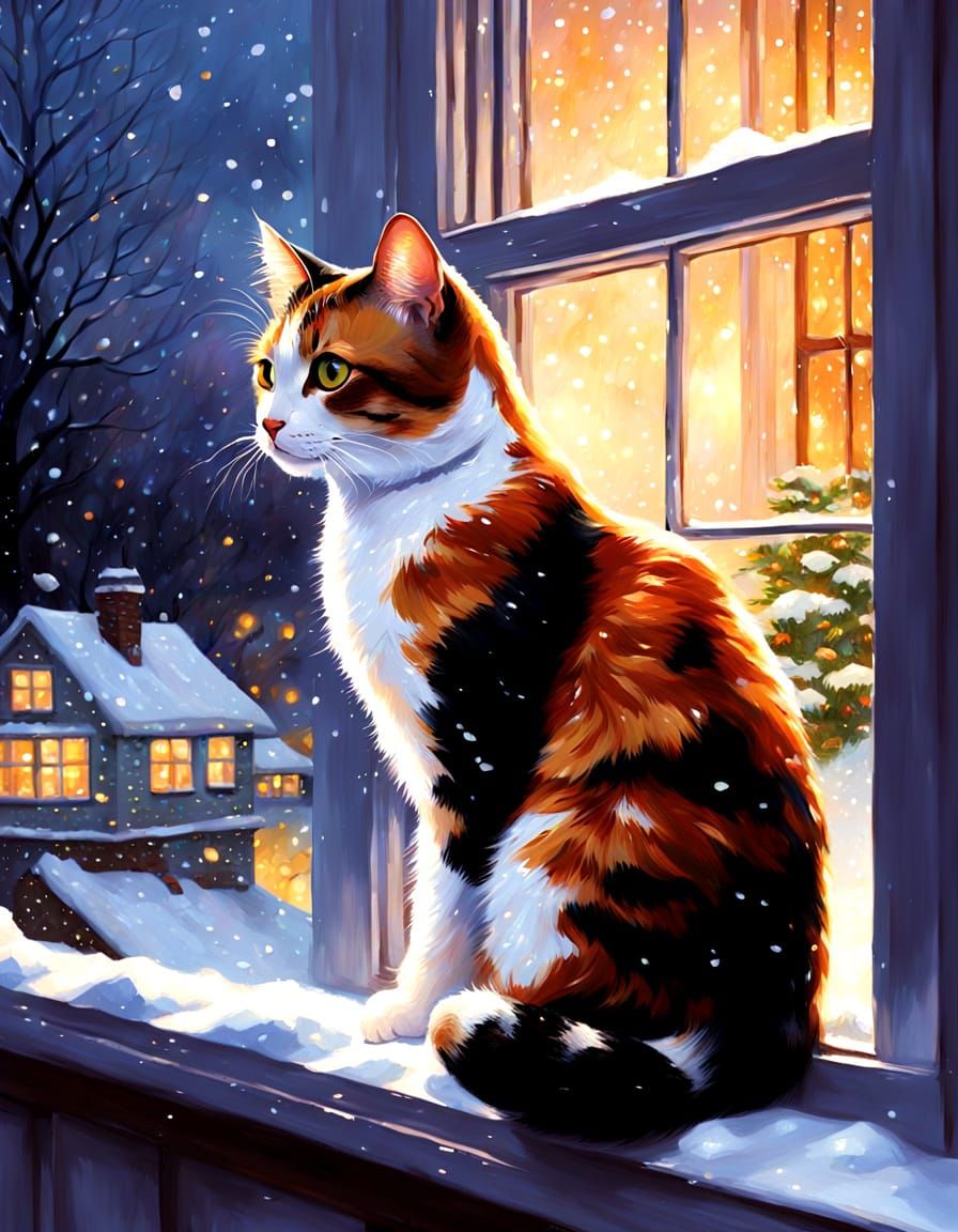 Calico Cat Gazes at Snowy Wonderland by Candlelight