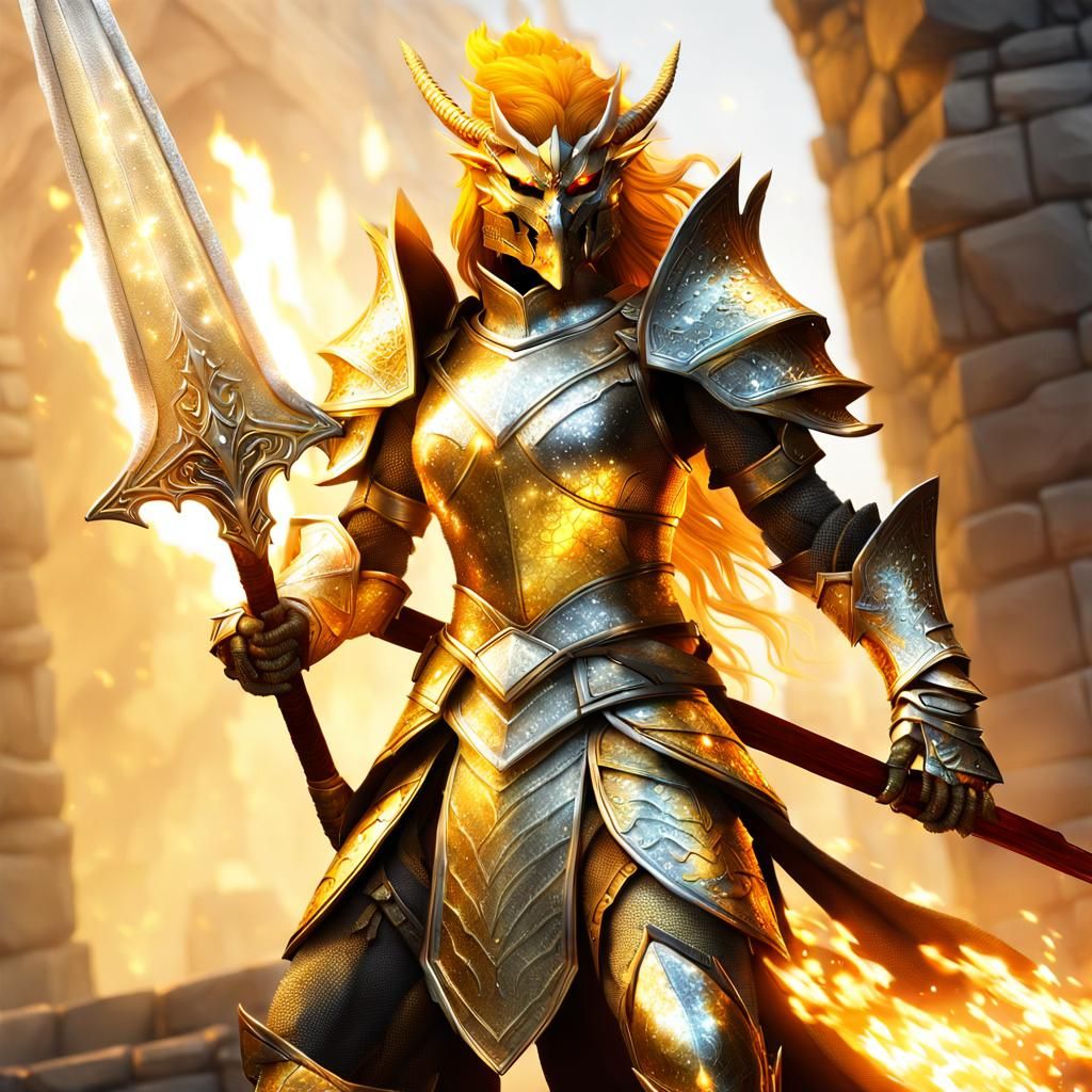 Gold Dragonborn Warrior with Flaming Sword