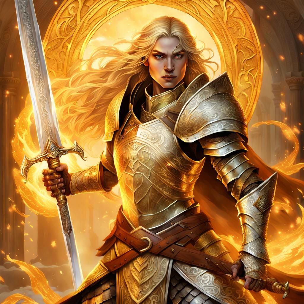 Golden Dragonborn Woman with Flaming Sword