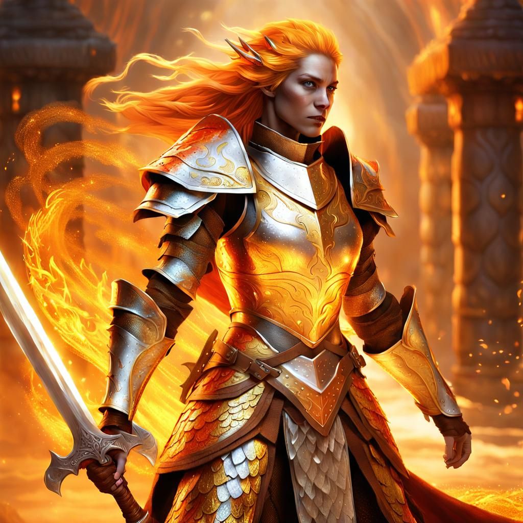 Dragonborn Warrior with Flaming Sword in Hyperrealism