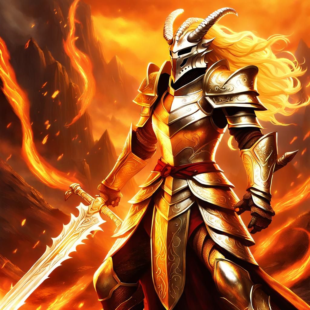 Dragonborn Female Warrior with Flaming Sword