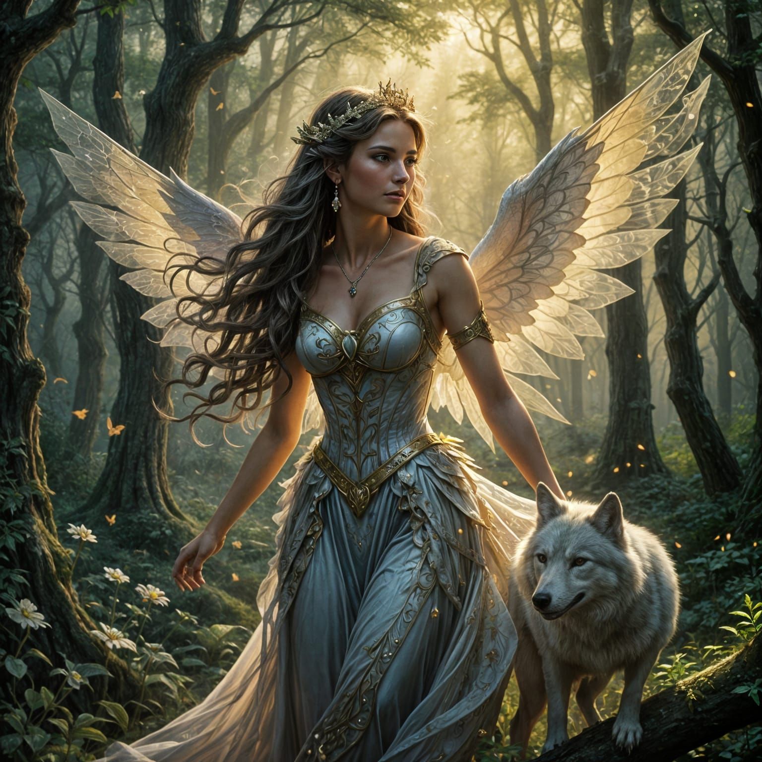 A Goddess Riding a Majestic Wolf through an Enchanted Forest