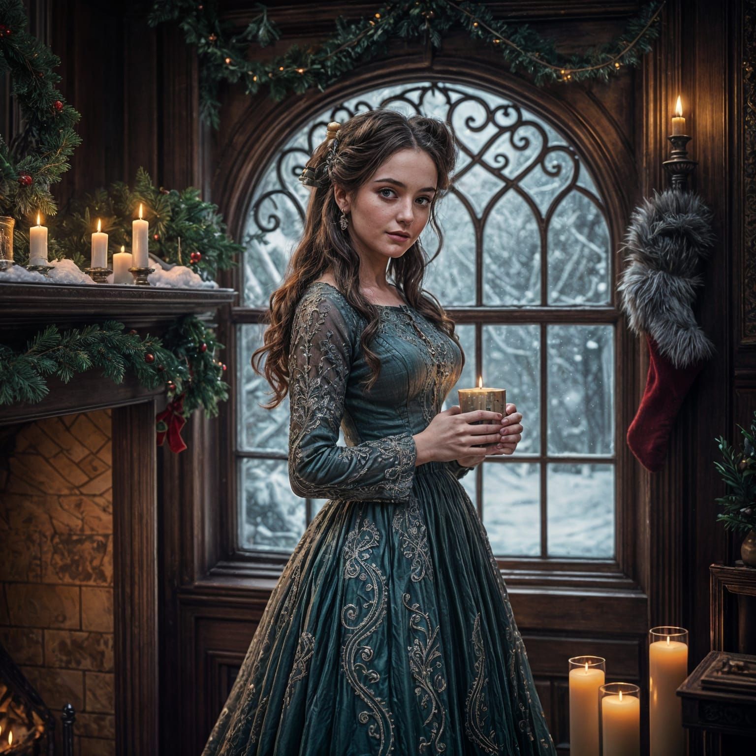 A Victorian Lady's Christmas Cheer in Hyperrealistic Detail