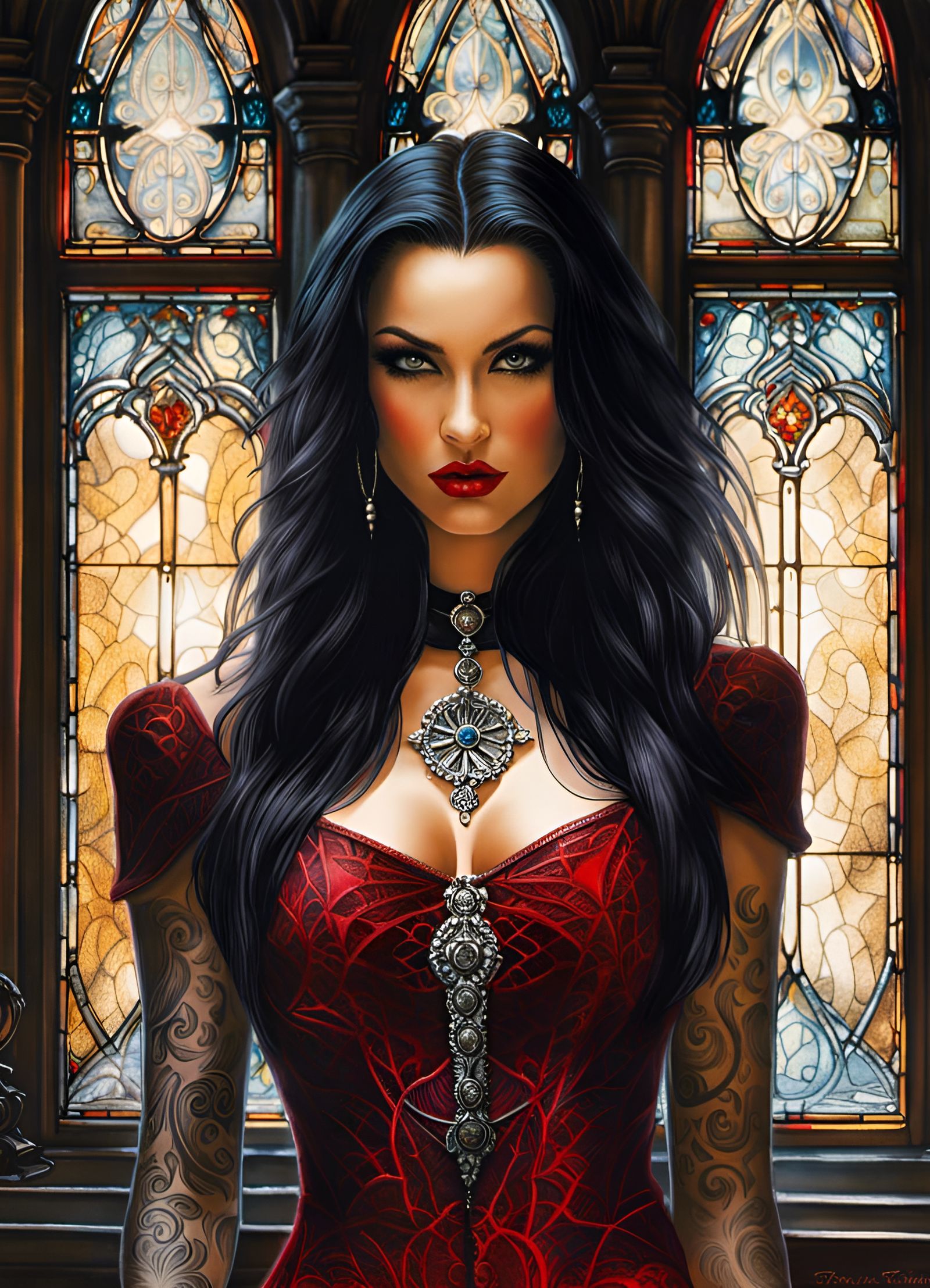 Gothic Vampiress in Temple, Digital Art