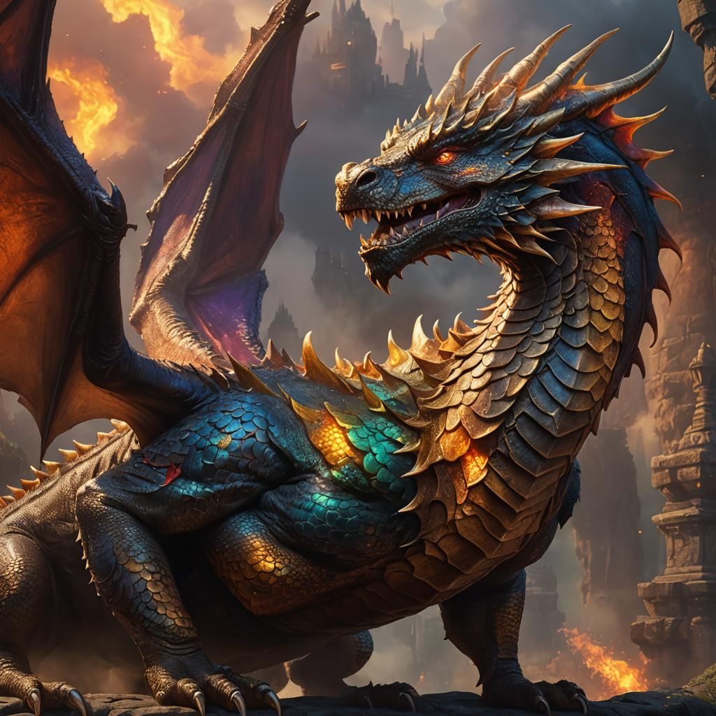 Fantasy Dragon with Iridescent Scales in Golden Light