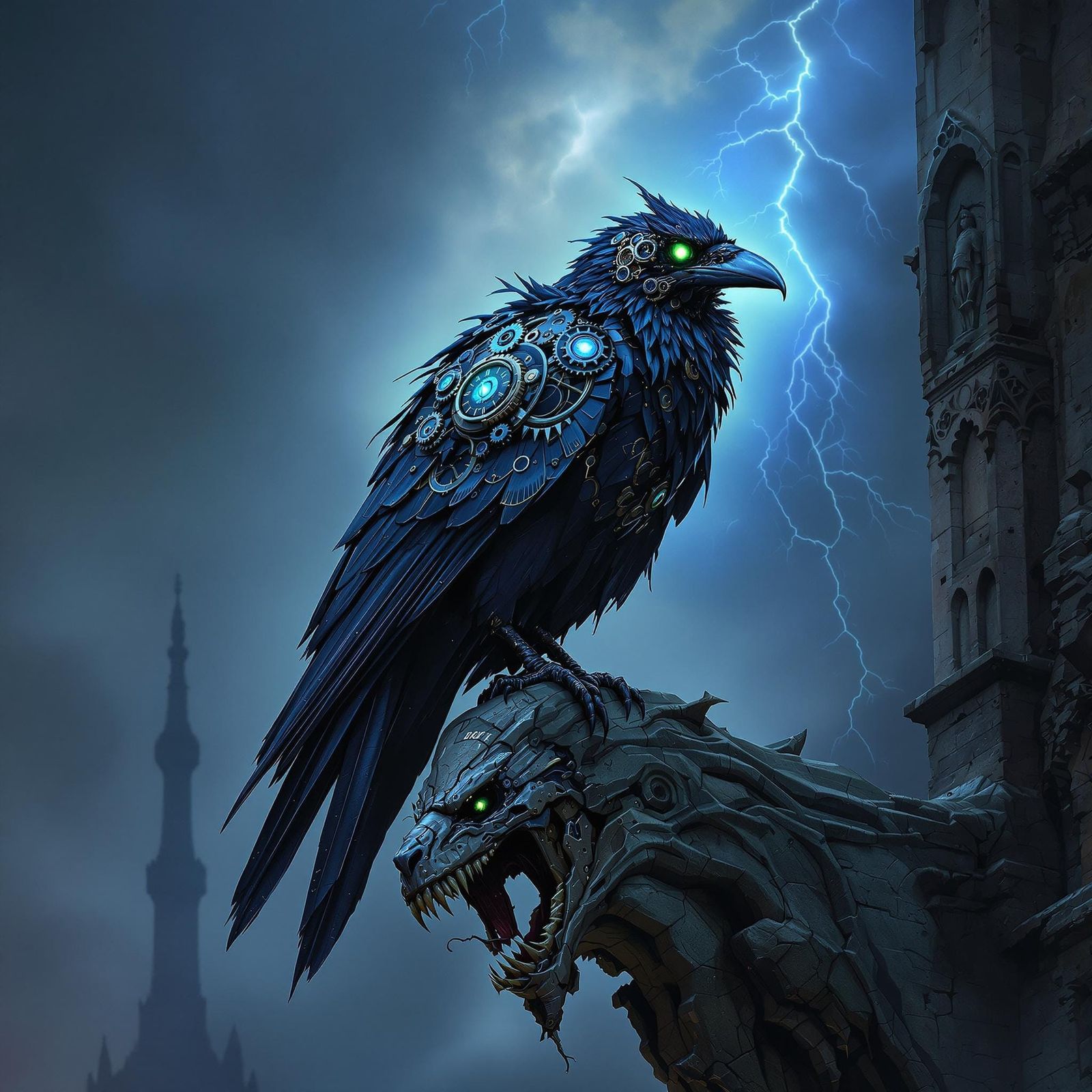Gothic Clockwork Raven on a Cathedral Gargoyle
