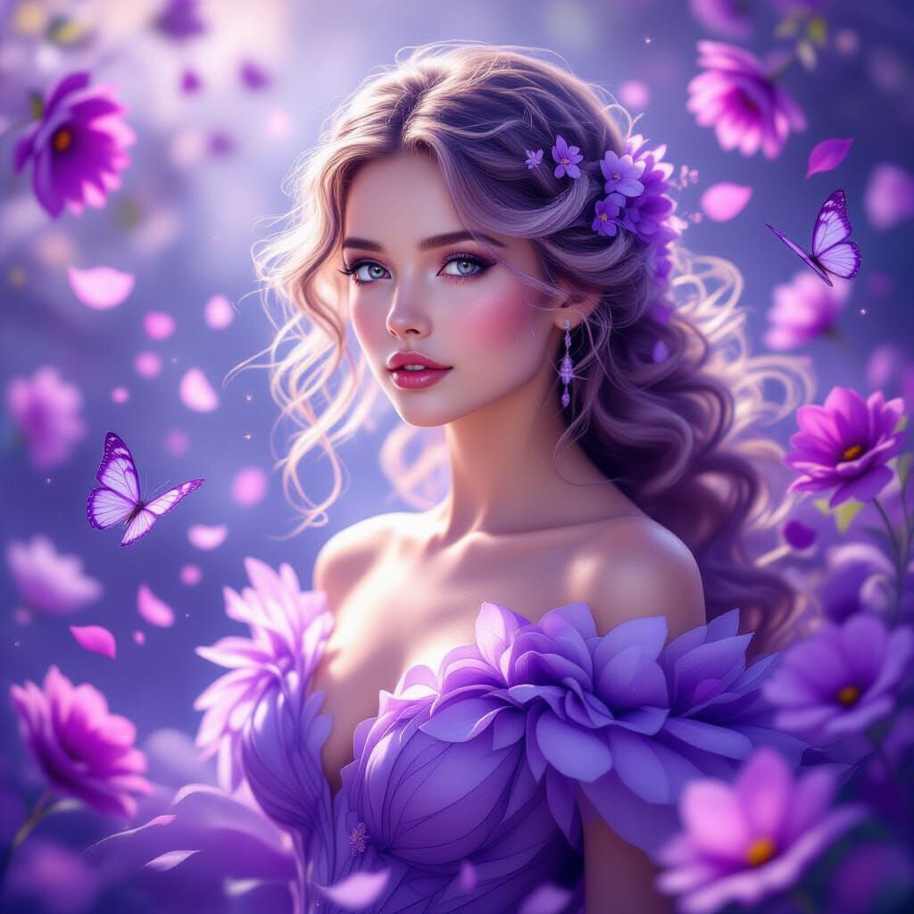 Ethereal Woman in Shimmering Gown Amidst Purple Blooms